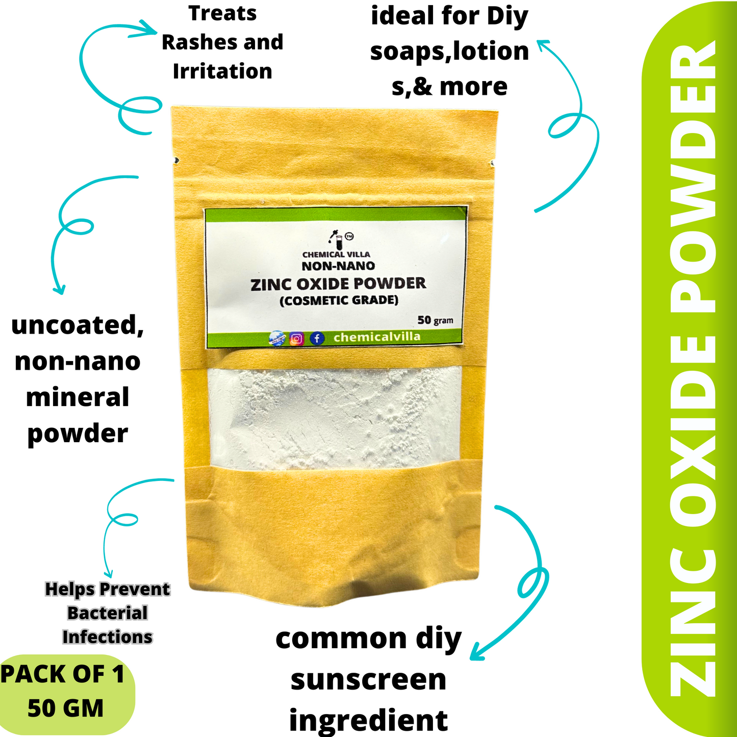 Zinc Oxide Powder (non-nano poweder) 50 gram (Sunscreen Powder) - Chemical Villa