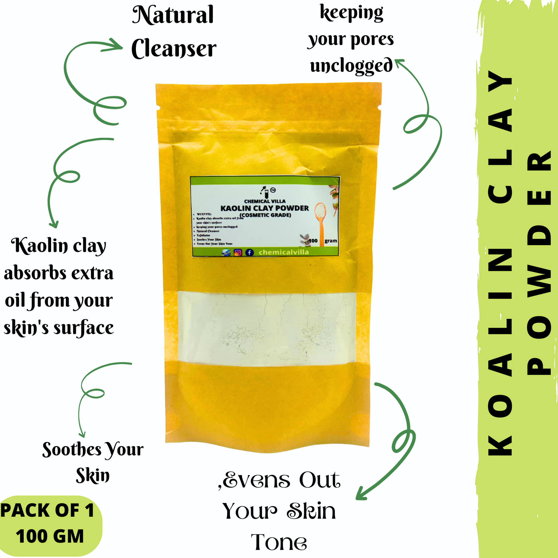 Kaolin Clay Powder 100g- Clay Mask Powder for Skin Pack 100% Natural -organic kaolin clay-china clay powder-cooling clay - Chemical Villa